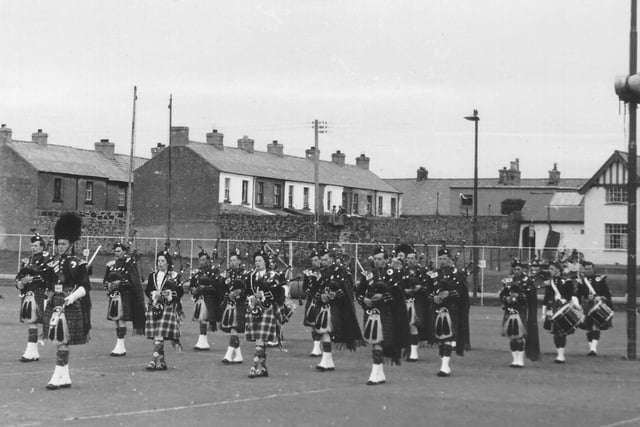 Kilrea Pipe Band at a Portrush Carnival at the town's Recreation Grounds in the early 1950s