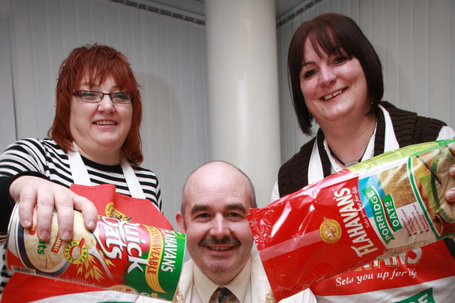 Anne Norrie (r), NI Chest Heart & Stroke’s volunteer co-ordinator for the Ballymoney area,  Roisin Hughes fundraising co-ordinator and Tony Gannons, sales manager of Flahavan’s, join forces to encourage people throughout Ballymoney to prove they ‘have a heart’ by organising a Shortcake/Shortbreak fundraising event to support the charity’s research into heart disease. Flahavan’s, Ireland’s leading oat miller has created a healthy oatmeal shortbread recipe exclusively for the week-long event running throughout Valentine’s Week back in 2009.