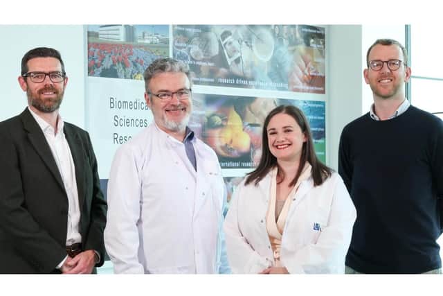 Pictured L-R: Steven Scullion, Director of Corporate Finance, Invest NI; Prof Peter Simmons, Chair of Dia Beta; Dr Sian Farrell, Chief Executive of StimOxyGen; Stuart Gaffikin, Senior Investment Manager, Clarendon Fund Managers. CREDIT INVEST NI
