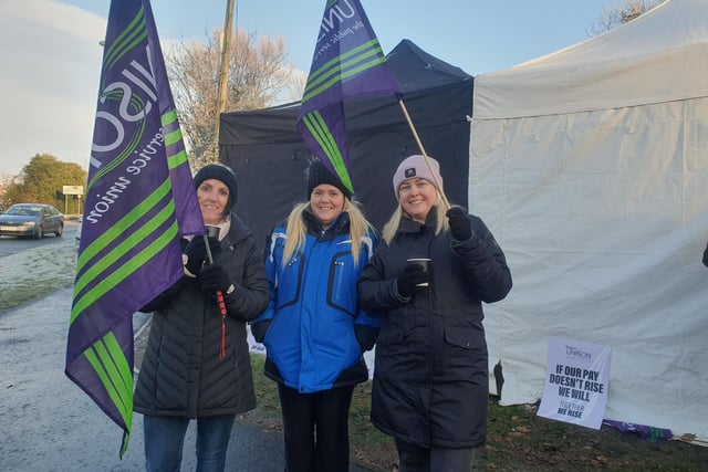 Members of Unison at the picket line at Craigavon Area Hospital on Monday. Health workers were taking part in a 24 hour strike over pay.