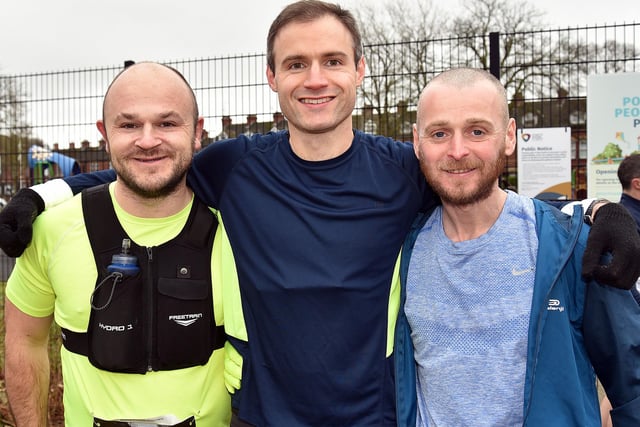 Local runners, Jonathan Henderson, Stephen Cochrane and Gareth KIng pictured before competing in the marathon event during the Portadown Festival Of Running. PT11-206.