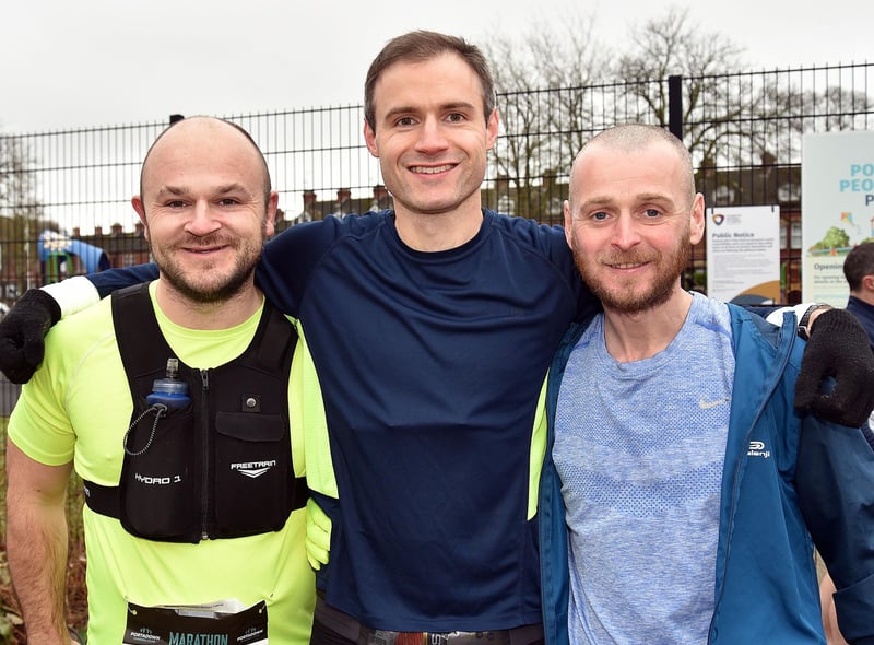 Local runners, Jonathan Henderson, Stephen Cochrane and Gareth KIng pictured before competing in the marathon event during the Portadown Festival Of Running. PT11-206.