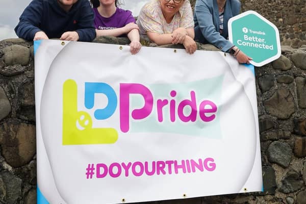 Pictured ahead of Learning Disability Pride are (L-R) Thomas Haighton, Chair Learning Disability Pride, Tanita Turnbull, Joanna McCosh, and Cara Wood, Translink Equality and Inclusion Manager.