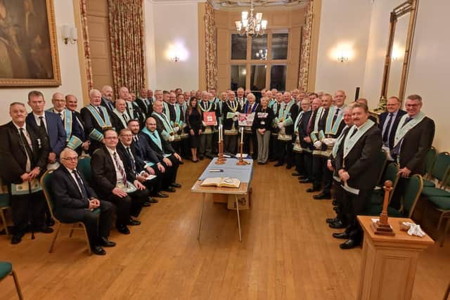 Pictured at the presentation of cheques at the Provincial Grand Lodge’s meeting in Brownlow House in Lurgan.