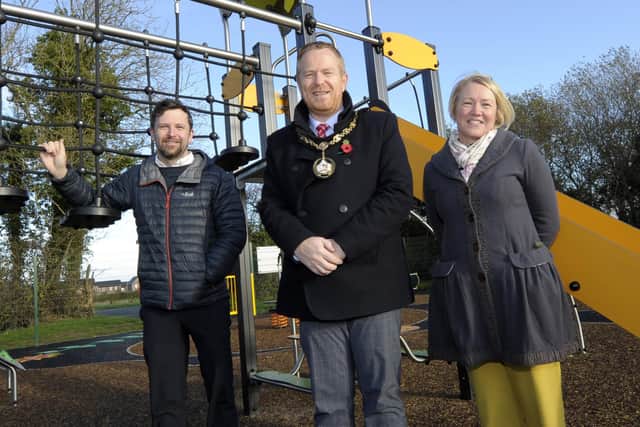 This week saw Armagh City, Banbridge and Craigavon Borough Council officially launch the brand new Kernan Play Park in Craigavon. Pictured L-R David Leemon (ABC Council), Lord Mayor Councillor Paul Greenfield and Joan Noade (ABC Council).