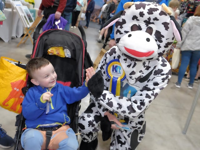 Three-year-old Jacob Toner from Armagh gets a high five from Northern Ireland Kidney Research Fund 's mascot Bella the Kidney Cow.