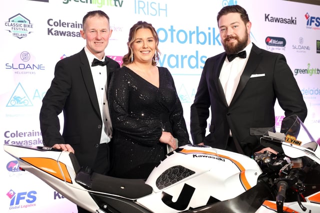 Barry Davidson and his wife Claire with Gareth Keys at the Adelaide Irish Motorbike awards in the Crowne Plaza hotel on Friday night.