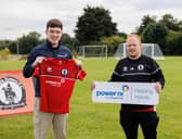 Power NI representative Myles Grant (L) with colleague and Antrim Rovers FC coach, James Stewart.