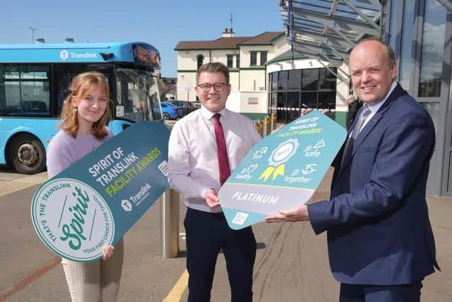 Celebrating success at the SPIRIT of Translink Facility Awards are l-r Rachel McCann, Peter O'Hare and John Thompson, Translink.