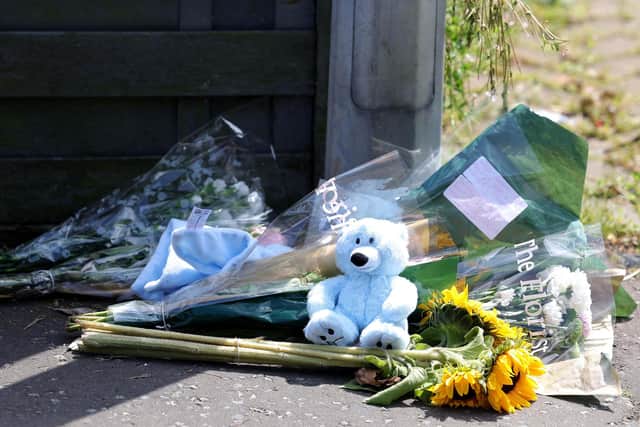 Teddy bears, tributes and flowers left near the scene where Sarah Montgomery was murdered. Picture: Jonathan Porter / Press Eye