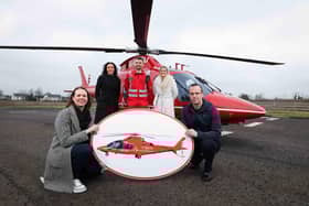 Sandra Wright, Head of Organisation and Workforce Design, NatWest Group; Kerry Anderson, AANI; James O’Callaghan, HEMS Paramedic; Colleen Milligan, AANI and David Sinton, Ulster Bank Branch Manager, Lisburn. Pic credit: Kelvin Boyes