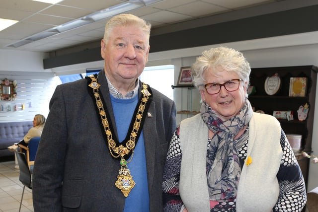 Mayor Cllr Steven Callaghan and Eileen McAllister pictured at the RNLI Coffee morning in Cushendall
