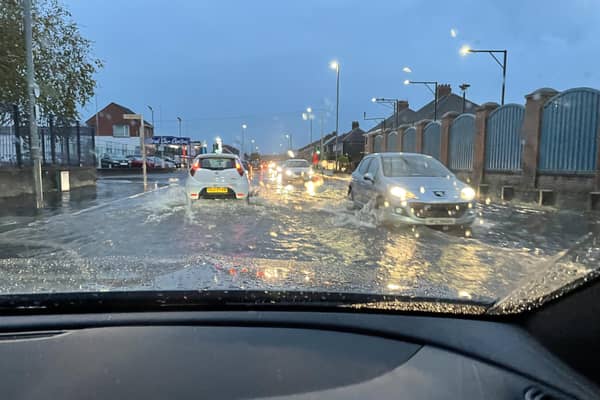 Flash flooding after torrential rain causing traffic chaos in Belfast on Monday evening. Picture: Davis McCormick/Pacemaker Press