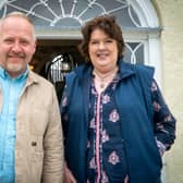Mark Thompson and Paula McIntyre outside Woodbank House, near Garvagh, during filming for Talkin’ Tay. Credit BBC