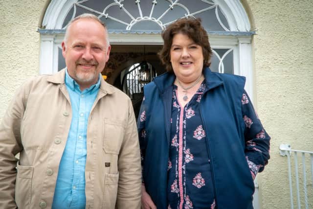 Mark Thompson and Paula McIntyre outside Woodbank House, near Garvagh, during filming for Talkin’ Tay. Credit BBC