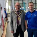 The Mayor of Mid and East Antrim, Councillor Jackson Minford with Larne Leisure Centre lifeguard, Daniel McWilliams, also a part-time firefighter who was on duty the night of the fire and attended when the NI Fire and Rescue Service was called out. Photo provided by Mid and East Antrim Borough Council