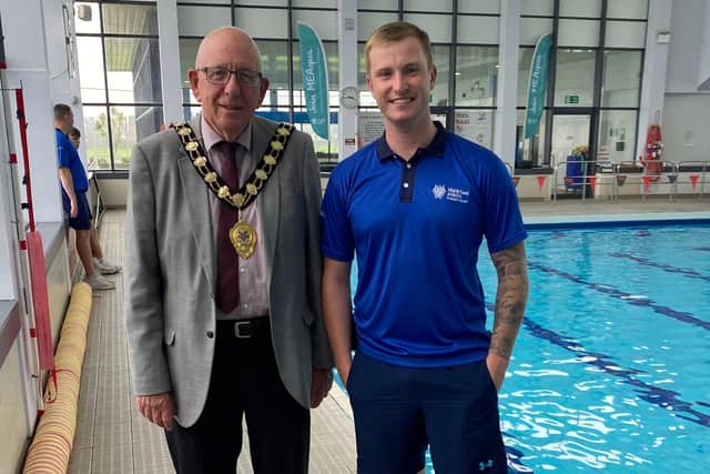 The Mayor of Mid and East Antrim, Councillor Jackson Minford with Larne Leisure Centre lifeguard, Daniel McWilliams, also a part-time firefighter who was on duty the night of the fire and attended when the NI Fire and Rescue Service was called out. Photo provided by Mid and East Antrim Borough Council