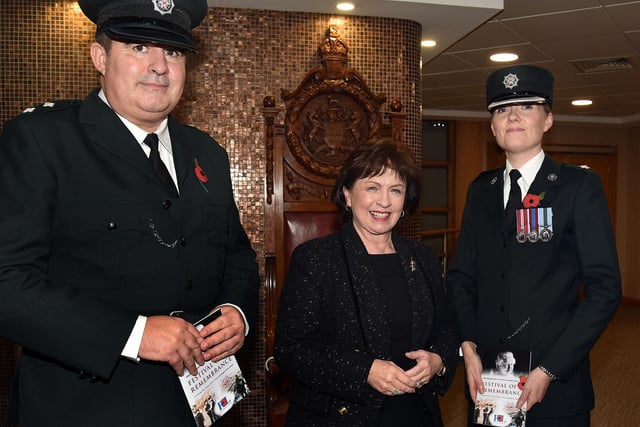 Upper Bann MLA, Mrs Diane Dodds, pictured with Inspector Gary McCullough and Superintendent Kellie McMillan, District Commander, PSNI. PT44-209.