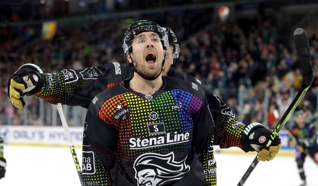 Belfast Giants' Scott Conway celebrates scoring against Sheffield Steelers during Friday’s Elite Ice Hockey League game at the SSE Arena, Belfast. Photo by William Cherry/Presseye
