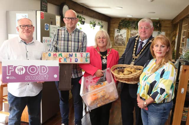 (L-R) Declan Donnelly, Resource Officer at Causeway Coast and Glens Borough Council, Dessie Smyth, manager of Ballycastle Community Hub, Deputy Mayor, Councillor Margaret-Anne McKillop, Mayor, Councillor Steven Callaghan and Katie Morgan, chair of Ballycastle Community Hub. Credit Causeway Coast and Glens Borough Council