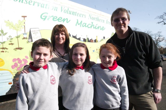 Steven Mallan of Conservation Volunteers Northern Ireland pictured in front of the Green Machine with Moira Primary pupils Andrew Hull, Rebekah Gillian and Caroline Chambers  in 2007. Also pictured is School Principal Carol Mairs