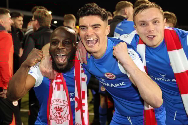 Larne players celebrate after this evening's game at Seaview, Belfast. Photo by David Maginnis/Pacemaker Press