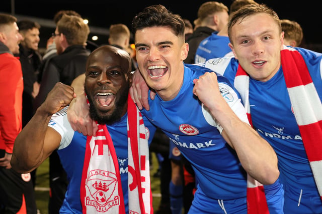 Larne players celebrate after this evening's game at Seaview, Belfast.  Photo by David Maginnis/Pacemaker Press