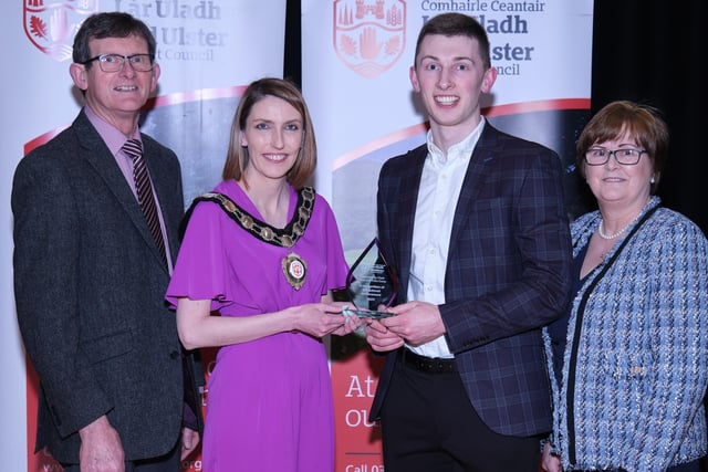 Chair of the Council, Councillor Córa Corry pictured with Paul McNeill, hurling All star with nominating councillors Martin Kearney and Christine McFlynn.