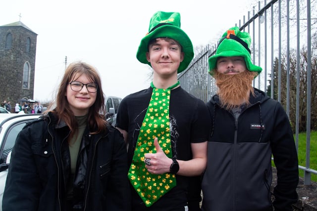 Looking forward to the party at Wolfe Tones GAC following the  Derrymacash St Patrick's Day parade are from left, Alicja Szaszkiewicz, Caolan Harte and David Harte. LM12-236.