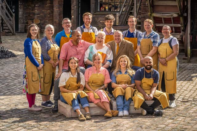 Former Ulster Star journalist Derek Harbinson is showing off his skills on The Great Pottery Throw Down. PIctured are Rebecca, Helen, Derek, Christophe, George, James, Jon, Fabiola, Rich, Siobhan, Keith, Caitlin, Lois, Fliss, Vithu.