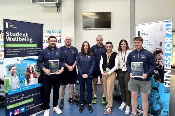 (L-R) Matthew Lewsley, Student Sport Co-Ordinator, Ulster University in Coleraine; John Laverty, Sport Services Co-Ordinator, Ulster University in Coleraine; Mary Brennan, Sport Services Support Assistant, Ulster University in Coleraine; Adrian Ferson, Sport Services Fitness Co-Ordinator, Ulster University in Coleraine; Aisling Kearney, Student Mental Health Adviser, Ulster University in Coleraine; Ciara Thompson, Student Wellbeing Manager, Ulster University in Coleraine, and Connor O'Hagan, Vice President for Sport & Wellbeing, UUSU.  CREDIT UU