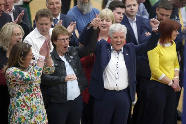 The DUP's Alison Bennington celebrates being elected for Antrim and Newtownabbey Borough Council at the Valley Leisure Centre. (Pic Stephen Davison/Pacemaker).