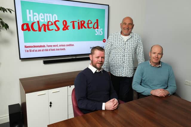 Pictured, from left: Neil Irwin, Philanthropy Manager, Haemochromatosis UK; James Hagan, Founder and Chair of Hagan Homes; and Stephen Bogan, CEO of Belfast advertising agency Genesis. Picture: Kelvin Boyes  / PressEye