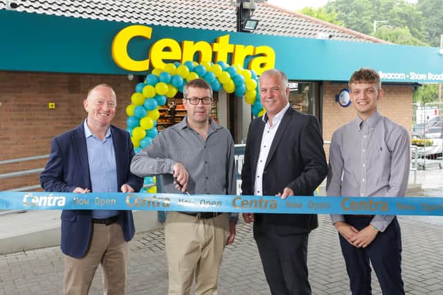 Pictured at the Centra Trackside opening, from left to right, are: Barry Holland, Musgrave business development manager; retailer Gareth Beacom; Paddy Murney, Musgrave retail sales director; and Adam Beacom (retailer’s son). Credit: Brian Thompson