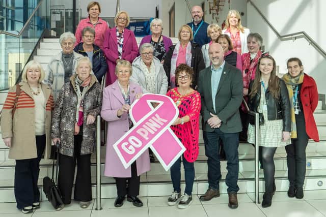 MEA Mayor Ald Gerardine Mulvenna with representatives from Cancer Focus NI.  Photo: Chris Neely