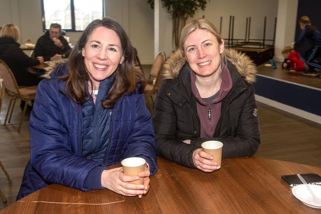 Emma Partridge, left, and Nicola Magee pictured at a cofee morning in Portadown Rugby Club in aid of Bowel Cancer UK. PT06-202.