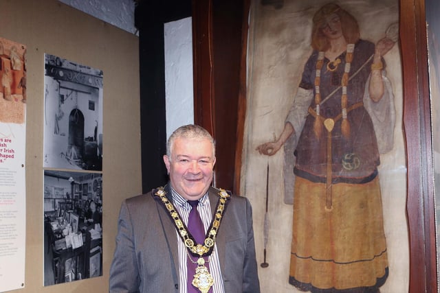 Mayor Ivor Wallace looks at the Taise banner at the opening of Ballycastle Museum