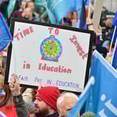 Voicing support for teachers at a rally at Belfast City Hall in 2023. Picture: Pacemaker