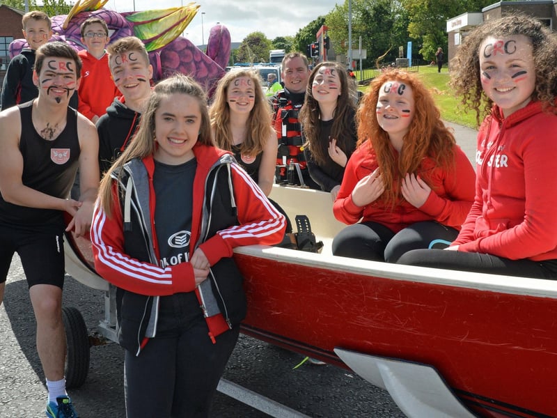 Members of Cairndhu Rowing Club take time out for a photograph during the Larne Alive parade. INLT 23-067-PSB