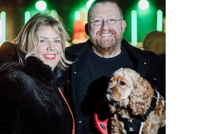 Claire Monaghan, Adam Hanna and Honey the dog.