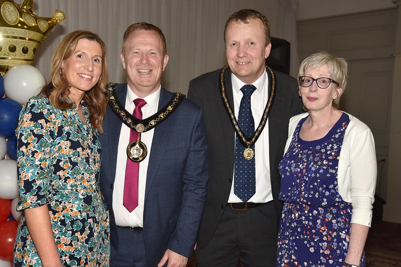 The Mayor of ABC Council, Councillor Paul Greenfield and the Deputy Mayor, Councillor Tim McClelland, with their wives, Fiona Greenfield, left, and Karen McClelland at the Coronation Tea Party on Wednesday.PT17-293.