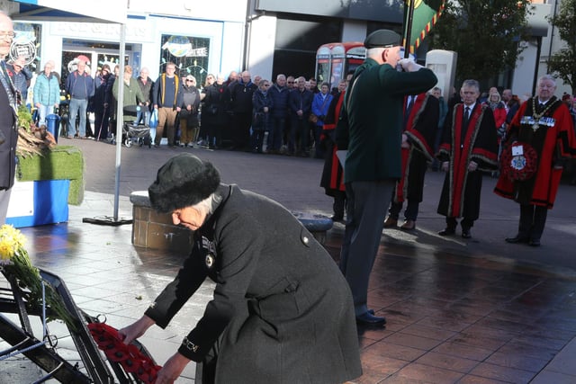 Laying a wreath to mark Armistice Day November 11 at Coleraine War Memorial