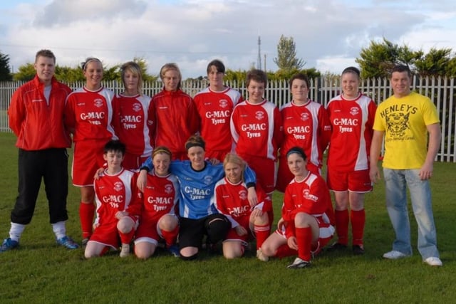 Larne Ladies FC pictured with Gordon McKee of sponsors G-Mac Tyres before a 2007 match with Northland Raiders Seconds.