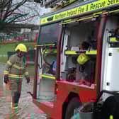 NIFRS crews at the scene of flooding at Moat Park in Dundonald, Belfast. Picture: Declan Roughan / Press Eye