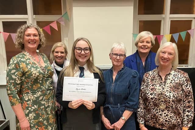 Winner of the Soroptimists International Northern Ireland 43rd Annual Public Speaking Competition (Ballymoney & District) Aleah Booth from Ballymoney High School. Also pictured are (from left) Jillian Pratchett, Regional President Soroptimist; Anita Setterfield, teacher, Ballymoney High School; Elizabeth McFetridge, Public Speaking Convenor, Ballymoney & District branch Soroptimist International; Ronda McIlrath, teacher, Ballymoney High School and Fiona Murdock, President, Ballymoney & District branch Soroptimist International. Photo: BALLYMONEY SOROPTIMISTS