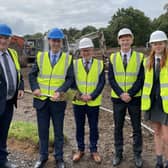Cutting the first sod to officially mark the beginning of over £11 million construction works at Coleraine Grammar School are (L to R) Willie Oliver, President of the Board of Governors; Permanent Secretary at the Department of Education, Dr Mark Browne; Principal, David Carruthers; Head Boy, Jordan McAuley and Head Girl, Kia McCartney. Credit Department of Education