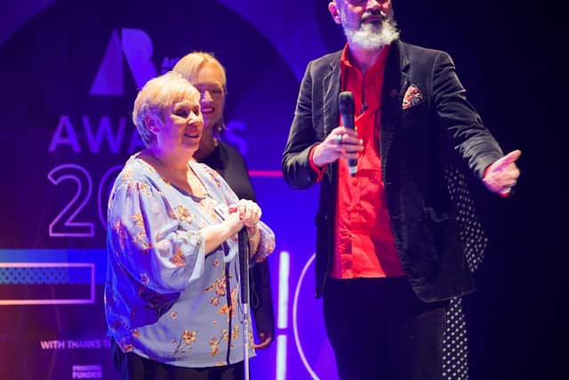 Lisburn woman Margaret Mann receiving her Arts and Business NI Leader award. Pic credit: Aaron McCracken