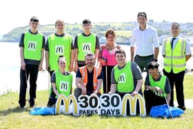 Harry Plumb, Dylan Thompson, Owen Maltman, MJ Maglanoc, Paula Young, Callum McGinley, Cedrick Santos, Mayor Alderman Gerardine Mulvenna and Danny Donnelly MLA.  Photo: Press Eye