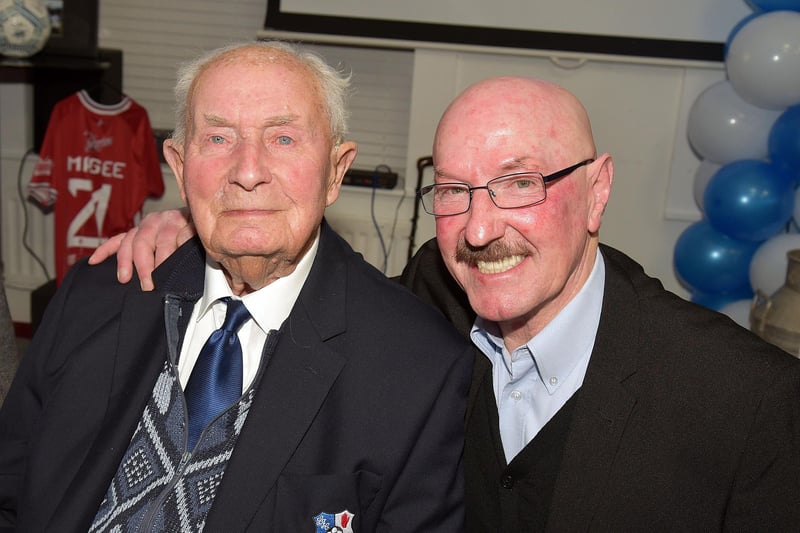 Hilbert Willis, left, pictured at his 100th birthday party with special guest, Liam Beckett. PT07-218.