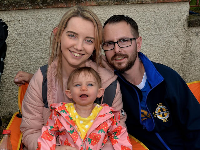 Newlyweds...Ariadne and Stuart Skelton from Portadown, with daughter Halle pictured at the RBP Last Saturday parade in Loughgall. PT35-205.